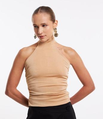 Blusa sem Manga em Meia Malha Brilhosa com Decote Halter