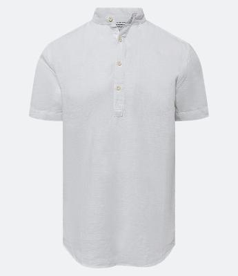 Bata Regular em Linho com Gola Padre e Barra Arredonda