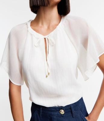 Blusa em Chiffon com Amarração na Gola e Estampa de Listras
