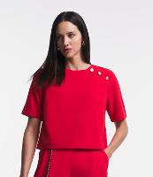 Blusa Manga Curta em Crepe com Botões no Ombro - 1