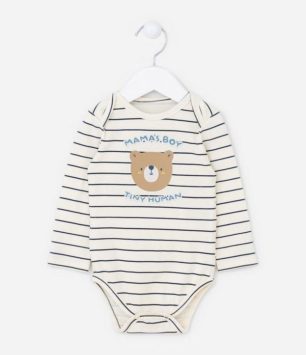 Body Infantil com Estampa de Listras e Ursinho - Tam RN a 18 meses - 1