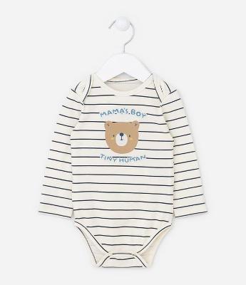 Body Infantil com Estampa de Listras e Ursinho - Tam RN a 18 meses