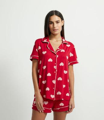 Pijama Americano Curto em Viscolycra com Estampa de Corações