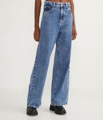 Calça Wide Leg Jeans com Cintura Alta e Pespontos Contrastantes