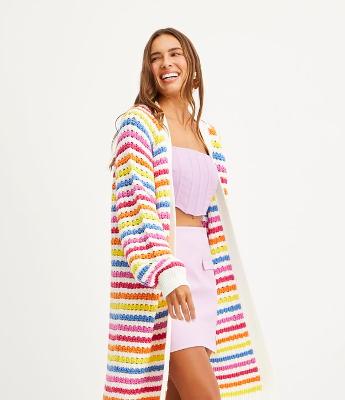 Casaco Alongado em Tricô com Estampa  de Listras Coloridas