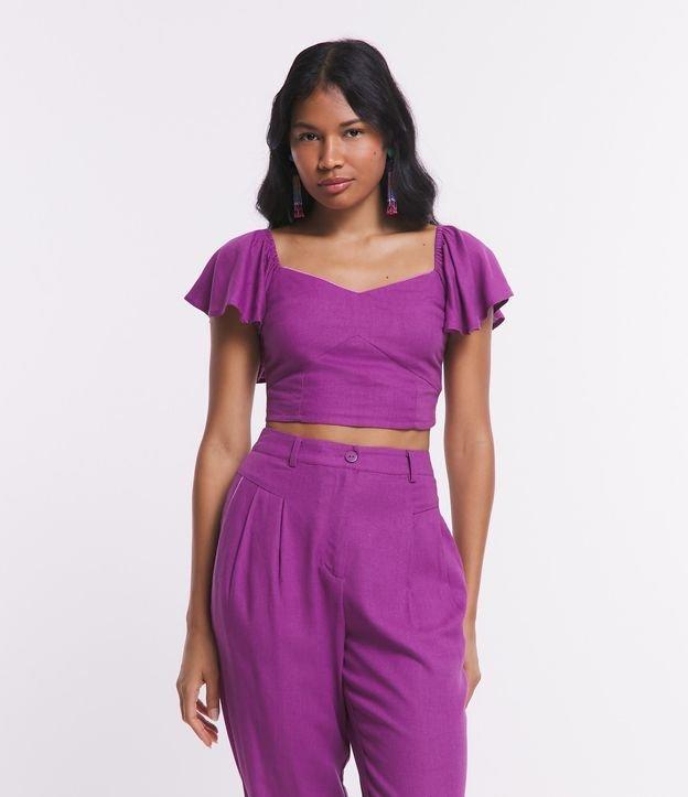 Blusa Curta em Linho com Babados e Lastex nas Costas - 1