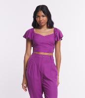 Blusa Curta em Linho com Babados e Lastex nas Costas - 1