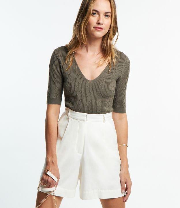 Blusa em Tricô com Manga 3/4 e Texturas em Ponto Diferenciado - 1