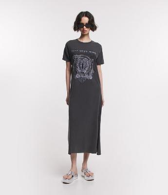 Vestido Midi Manga Curta com Borboleta Mística Estampada