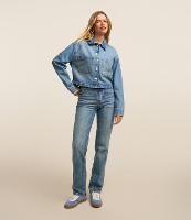 Calça Reta Elastizada em Jeans Marmorizado com Bolsos - 3