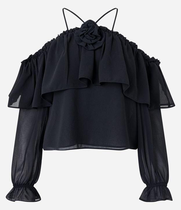 Blusa em Chiffon com Decote Ombro a Ombro com Babado e Amarração no Pescoço - 2