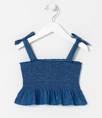Blusa Cropped sem Manga Jeans e Com Babado Tam 1 á 5 Anos