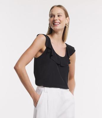 Blusa Sem Manga em Crepe com Decote U e Babados