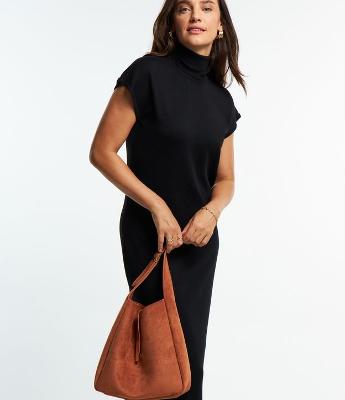 Vestido Midi em Tricô com Gola Alta e Manga Curta Sem Cava