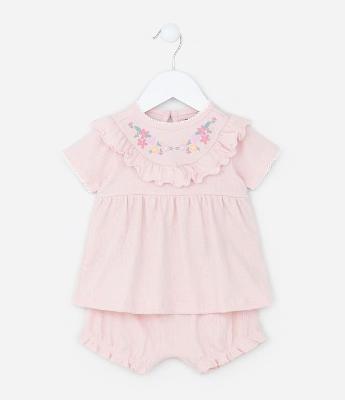 Conjunto Texturizado Infantil com Babadinho e Bordado Floral - Tam 0 a 18 meses