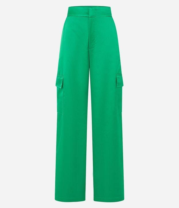 Calça Pantalona em Cetim com Bolsos Cargo - 1