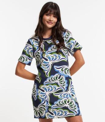 Vestido Curto T-shirt em Viscose com Estampa Borboletas