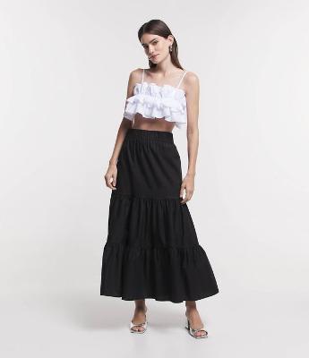 Saia Midi em  Tricoline com Cós Elástico