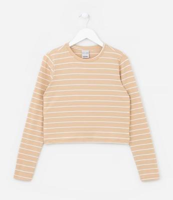 Camiseta Infantil Manga Longa com Estampa Listrada - Tam 5 a 14 anos