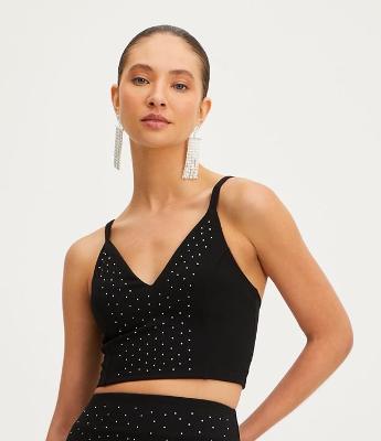 Blusa Cropped de Alça em Crepe com Bolinhas de Strass