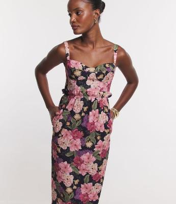 Vestido Midi em Sarja com Babadinho Frufru na Cintura e Estampa Floral