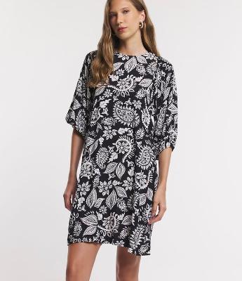 Vestido Curto em Viscose Estampa Floral Paisley com Manga Bufante
