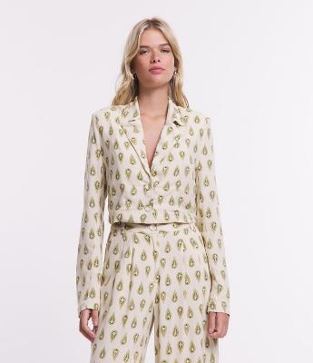 Blazer Cropped em Viscose com Estampa Gravataria