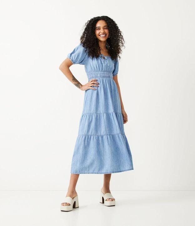 Vestido Midi Jeans com Manga Bufante e Marias na Saia - 1