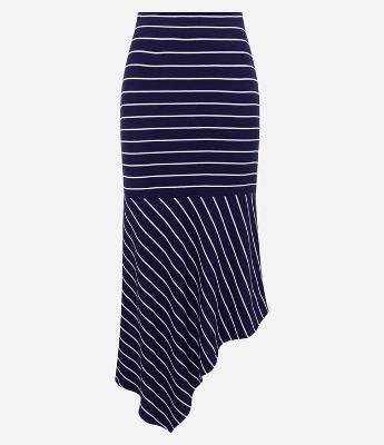 Saia Midi em Ribana com Babado Assimétrico e Estampa Listrada