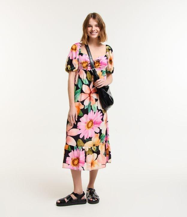 Vestido Midi Manga Bufante em Viscose com Flores Estampadas - 3