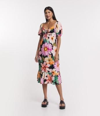 Vestido Midi Manga Bufante em Viscose com Flores Estampadas