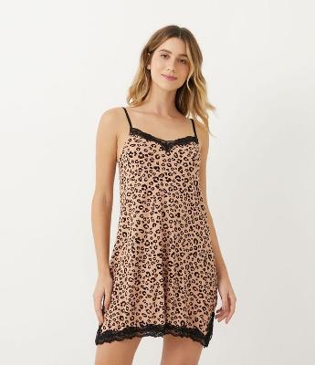 Camisola Curta em Meia Malha com Estampa Animal Print Onça e Renda