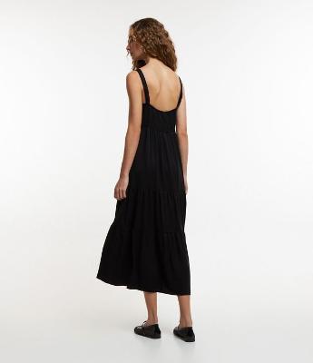 Vestido New Midi em Viscose com Decote Coração e Lastex nas Costas