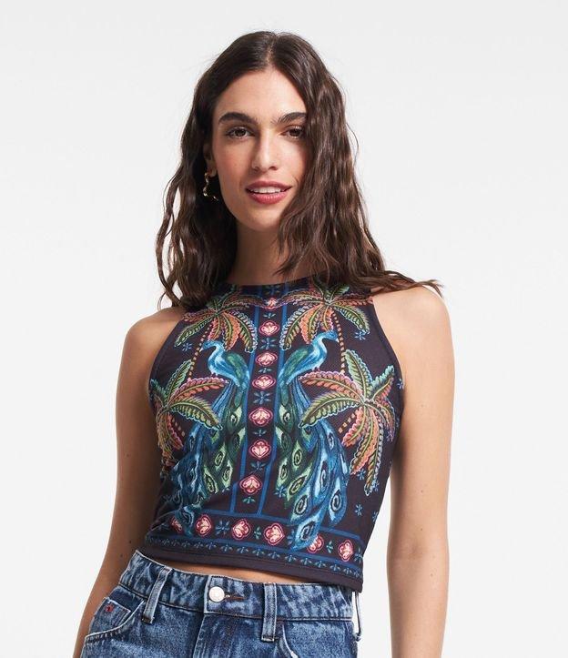 Blusa sem Manga em Ribana com Estampa de Coqueiros - 1