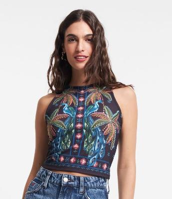 Blusa sem Manga em Ribana com Estampa de Coqueiros