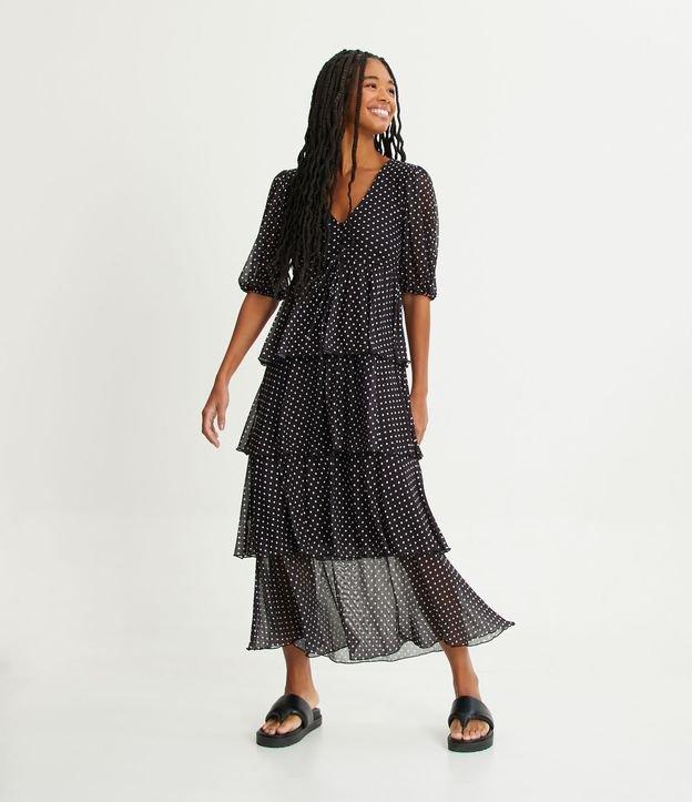 Vestido Longo em Tule com Camadas de Babados e Estampa Poá - 1