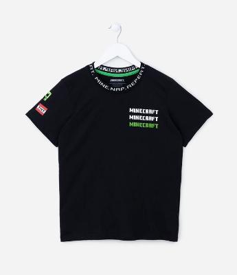 Camiseta Infantil com Gola Jacquard e Silk Minecraft - Tam 5 a 14 Anos