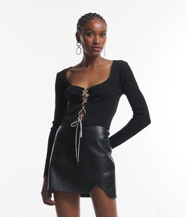 Blusa em Tricô com Manga Longa e Amarração em Strass - 1