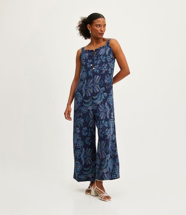 Macacão de Alça em Viscolinho com Estampa de Folhagens - 1