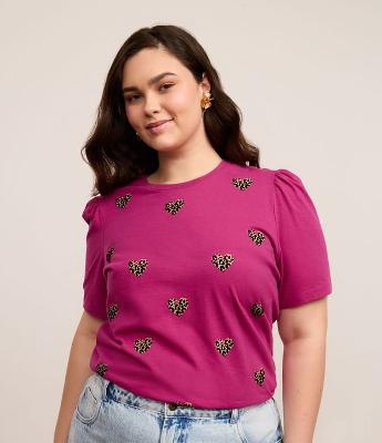 Blusa Manga Bufante e Estampa de Coração Curve & Plus Size