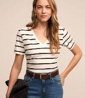 Camiseta Meia Malha com Decote V e Listras - 3