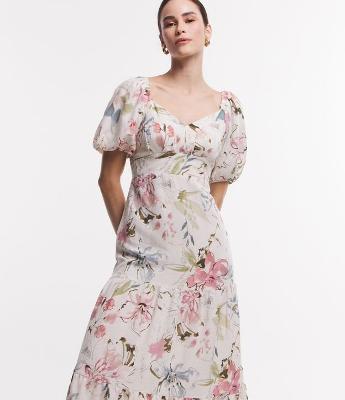 Vestido Midi em Viscolinho com Manga Bufante e Estampa Florida