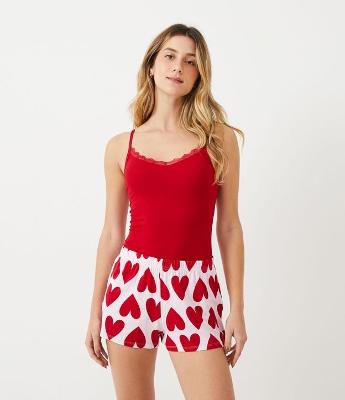 Pijama Short Doll em Algodão com Estampa Coração