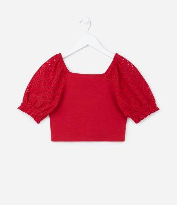 Blusa Cropped Infantil com Manga Bufante em Laise - Tam 5 a 14 anos