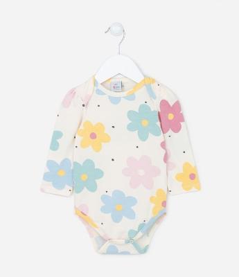 Body Longo Infantil com Estampa Floral - Tam RN a 18 meses