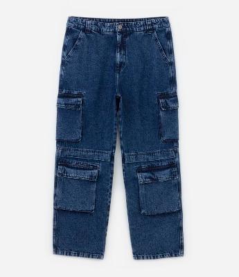 Calça Baggy em Jeans com Recortes e Bolso Cargo