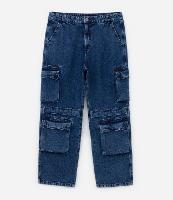 Calça Baggy em Jeans com Recortes e Bolso Cargo - 1