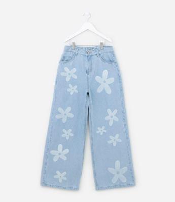 Calça Wide Leg Infantil Jeans com Estampa de Flores - Tam 5 a 14 anos