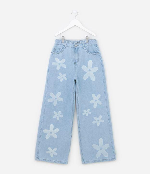 Calça Wide Leg Infantil Jeans com Estampa de Flores - Tam 5 a 14 anos - 1