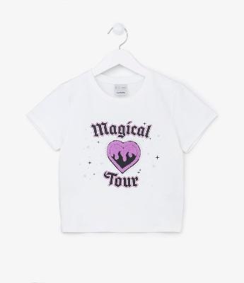 Camiseta Cropped Infantil com Bordados e Strass- Tam 5 a 14 anos